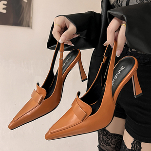 时尚 OL包头凉鞋 尖头高跟鞋 亮皮职场鞋 一字扣 真皮细跟女鞋 欧美新款