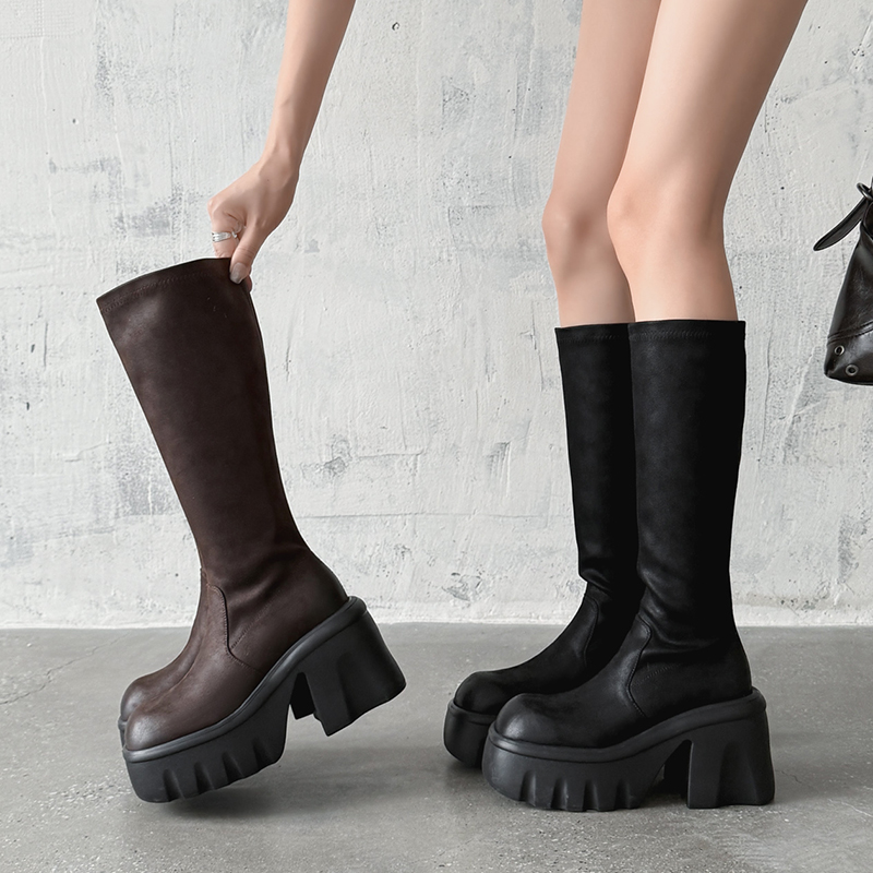 古菲斯奇女鞋粗跟厚底长筒靴瘦腿