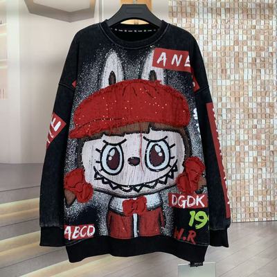 WR潮牌秋冬新款保暖加绒重工拉布布减龄时尚卡通宽松圆领卫衣上衣