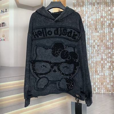 WR潮牌秋款重工贴布kitty猫可爱卡通小个子宽松连帽卫衣上衣