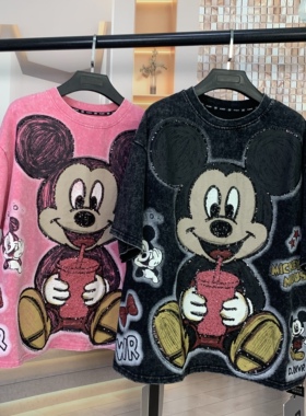 WR潮牌新款时尚重工可乐米奇小个子卡通减龄宽松短袖T恤上衣