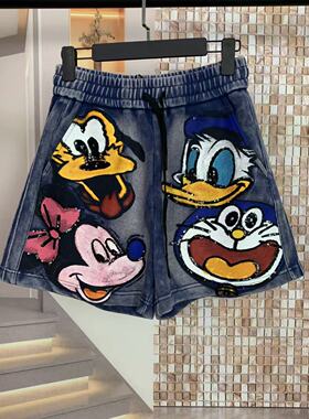 WR潮牌夏新时尚重工米妮唐老鸭卡通宽松显瘦休闲短裤牛仔热裤