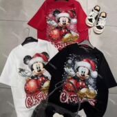 宽松短袖 WR潮牌新款 烫钻满钻圣诞米奇卡通新年减龄时尚 T恤上衣女