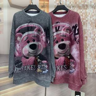 WR潮牌秋冬新重工满钻草莓熊卡通时尚 宽松圆领卫衣上衣 大版