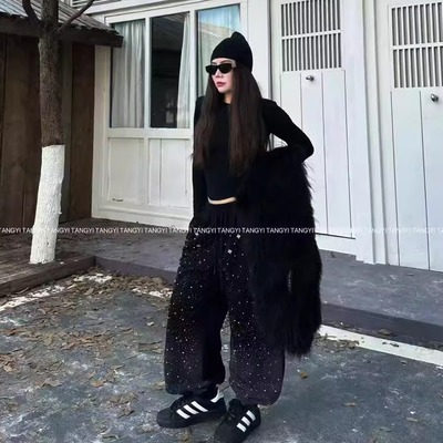 TY重工烫钻加绒休闲裤女秋冬新款高腰款式显瘦百搭直筒束脚卫裤女