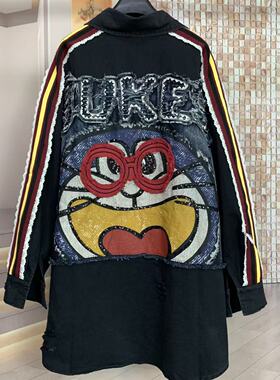 WR潮牌春新款重工刺绣叮当猫宽松显瘦中长款长袖衬衫开衫外套