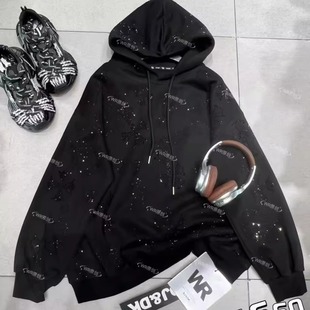 跨境WR潮牌重工前后满钻十字架时尚 宽松连帽卫衣上衣女 高级感大版