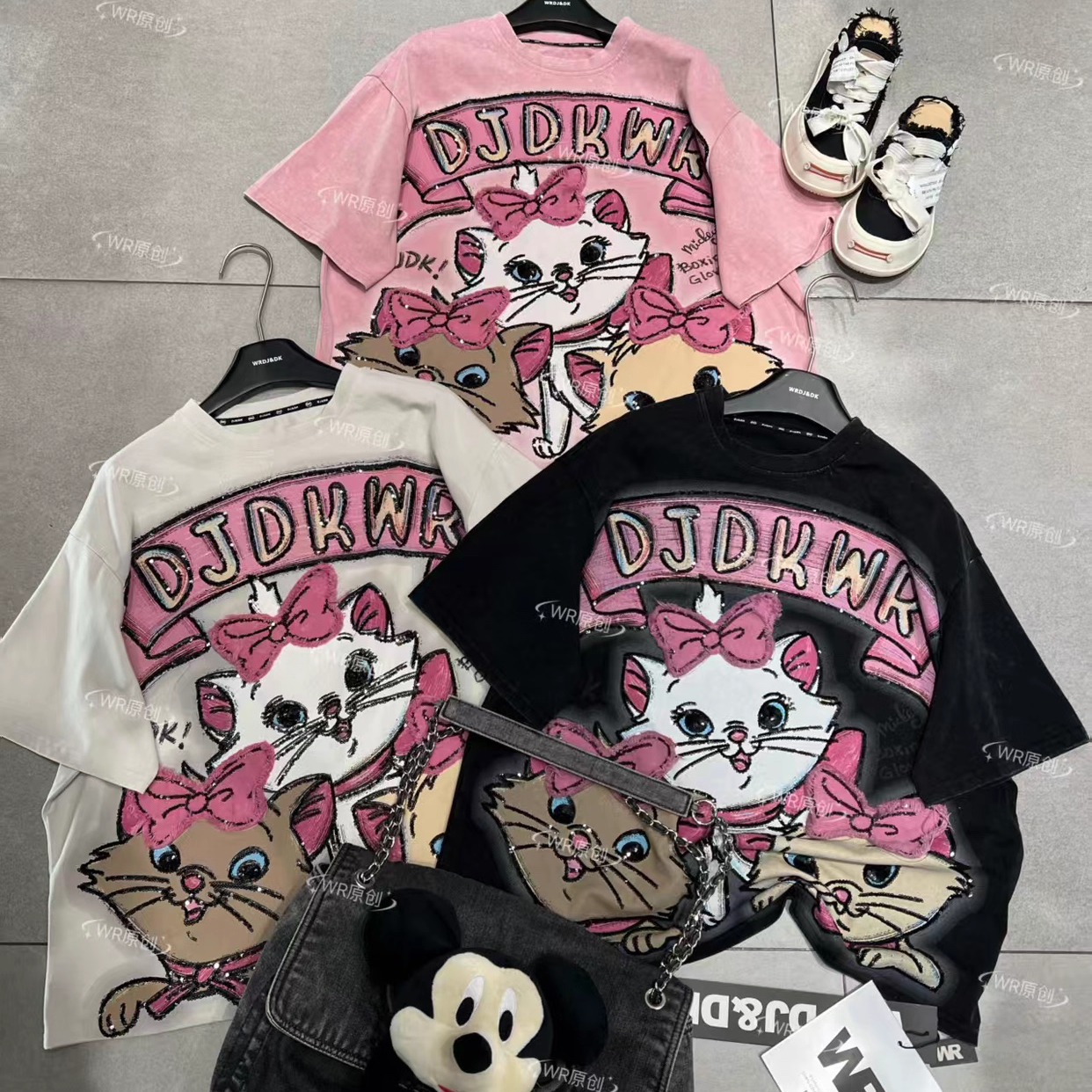 跨境WR潮牌新款重工可爱贴布猫咪卡通减龄时尚宽松短袖T恤上衣女