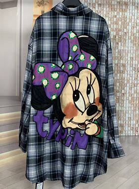 WR潮牌春夏新款重工格子米妮宽松显瘦中长款长袖衬衫开衫外套