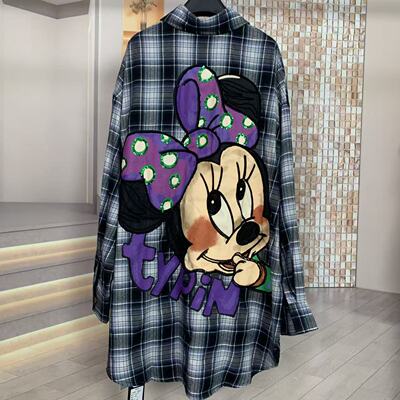 WR潮牌春夏新款重工格子米妮宽松显瘦中长款长袖衬衫开衫外套