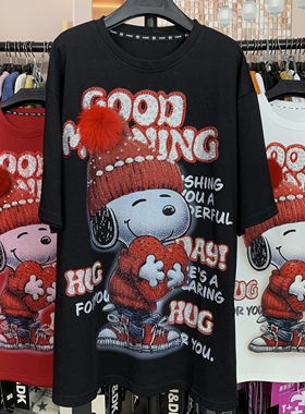 WR潮牌新款重工满钻红帽子史努比卡通减龄时尚宽松短袖T恤