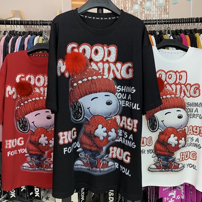 WR潮牌新款重工满钻红帽子史努比卡通减龄时尚宽松短袖T恤