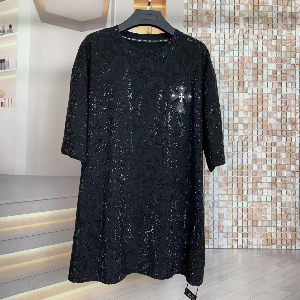 WR潮牌秋冬磨毛重工前后满钻十字架高级时尚宽松短袖T恤上衣男女