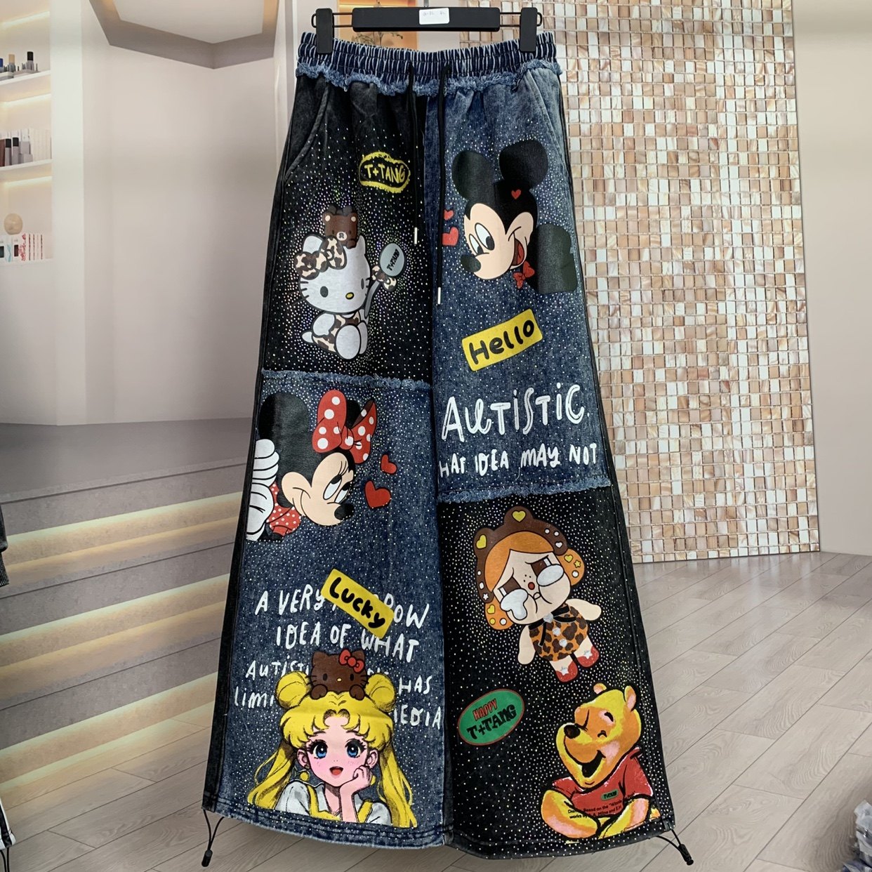 T+潮牌重工洗水烫钻拼色卡通减龄宽松百搭裤子显瘦休闲裤长裤,女装/女士精品,休闲裤,淘宝优惠券,粉丝福利购,淘宝优惠卷