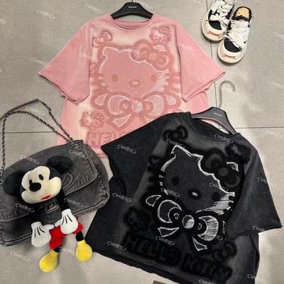WR潮牌新款时尚洗水Kitty猫小个子卡通减龄宽松短袖T恤上衣女跨境
