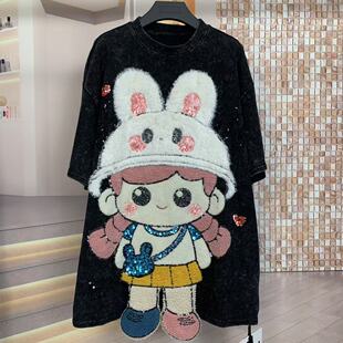 宽松短袖 大版 T恤 刺绣立体兔耳朵女孩卡通时尚 YBDW潮牌秋新款