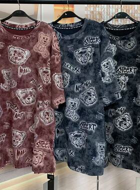 WR潮牌秋冬时尚重工水洗满印烫钻熊纯棉磨毛宽松时尚中长短袖T恤