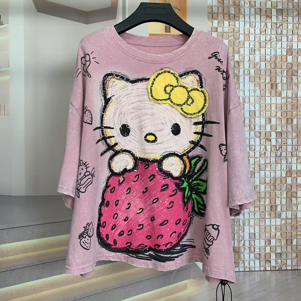 WR潮牌2025夏重工洗水草莓Kitty猫小个子宽松短袖T恤大版上衣