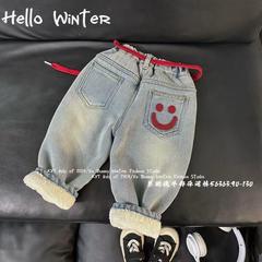 【一条过冬】女童加绒裤子刺绣笑脸冬季加厚男宝儿童糕糕绒牛仔裤