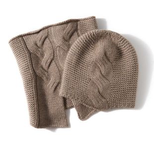 山羊绒轻奢秋冬男女通用高端纯色扭花保暖针织加厚脖套帽子套装