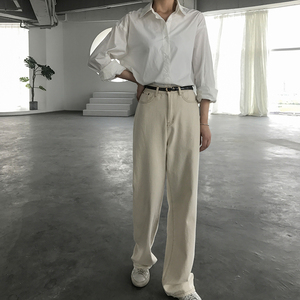 元一自制 加长卷边米白色牛仔裤长裤阔腿裤拖地复古时髦宽松显瘦O