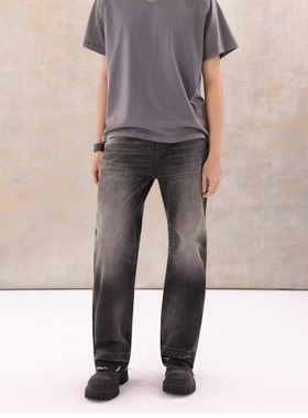 Selfness Vintage复古水洗做旧拉须直筒宽松男士黑牛仔裤长裤