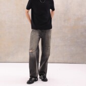 Selfness 长裤 Vintage刀割破坏水洗做旧拉须直筒宽松男士 黑牛仔裤
