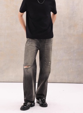 Selfness Vintage刀割破坏水洗做旧拉须直筒宽松男士黑牛仔裤长裤