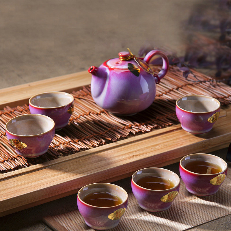 德强陶瓷钧窑7头富贵红套装茶具 西施壶功夫茶具 婚庆茶具