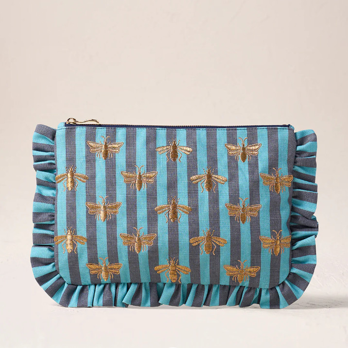 英国代购正品11.30 Honey Bee Striped Frill 刺绣蜜蜂 化妆包