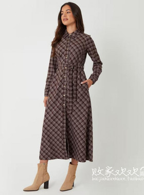英国代购正品09.20 2025潮流导向 女装新款 翻领格子长款连衣裙