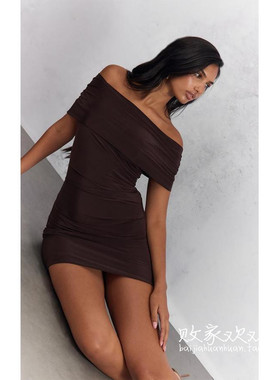 英国代购正品10.06 名品PL 女装新款 一字肩深色迷笛修身连衣裙