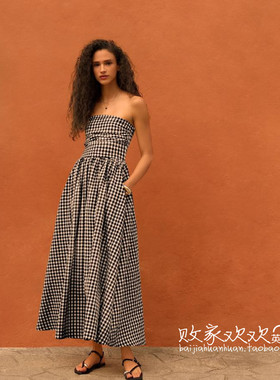 英国代购正品07.03 名品NEXT 女装新款 抹胸迷你格子长款连衣裙