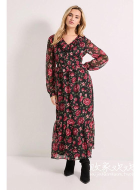 英国代购正品12.13 名品Boohoo 女装新款 时尚设计印花长款连衣裙