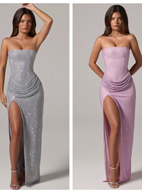 英国代购正品01.11 名品ohpolly 女装新款 抹胸闪亮开叉连衣裙