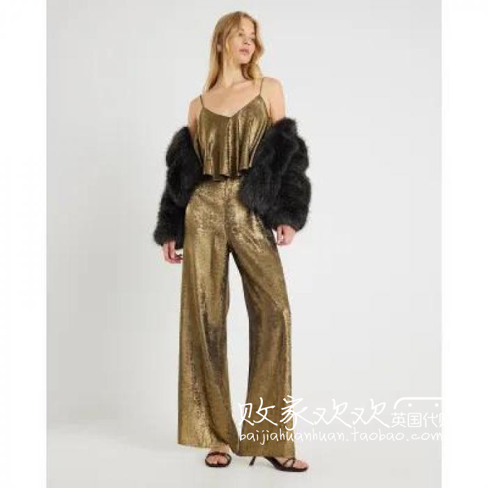 英国代购正品10.14 名品ER 女装新款 吊带金色长款百搭连衣裤
