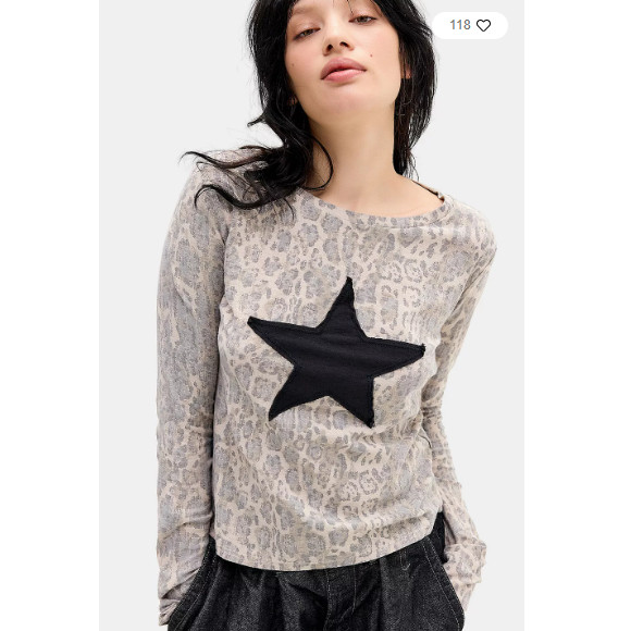 英国代购正品04.09 名品UO 女装新款 时尚五角星豹纹长袖舒适T恤