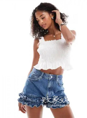 英国代购正品07.04 2025潮流导向 女装新款 时尚木耳边牛仔短裤