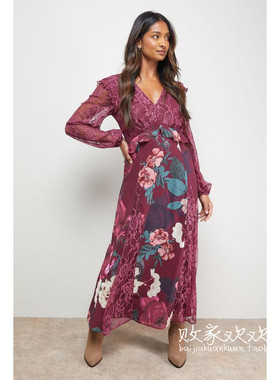 英国代购正品12.13 名品Boohoo 女装新款 时尚设计印花长款连衣裙