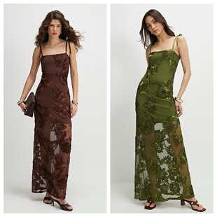 名品ER 女装 新款 英国代购 修身 03.21 吊带刺绣花长款 连衣裙 正品