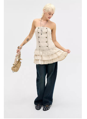 英国代购正品01.14 名品UO 女装新款 抹胸双排扣多层迷人连衣裙