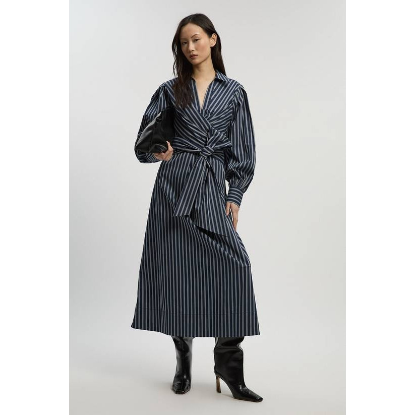 英国代购正品05.12 名品KM 女装新款 时尚翻领系腰带条纹连衣裙