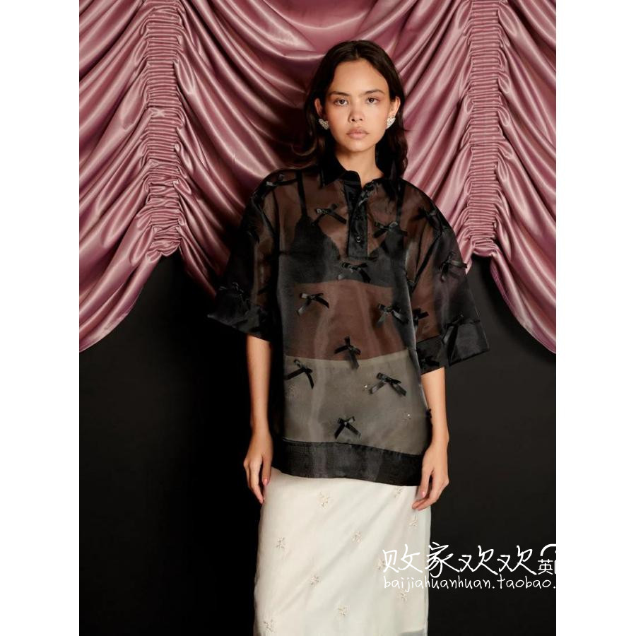 英国代购正品11.15 名品SJ 女装新款 蝴蝶结半透视短袖设计小衫