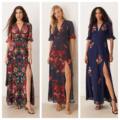 女装新款设计印花开叉连衣裙