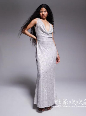 英国代购正品10.06 2025潮流导向 女装新款 堆堆领银色长款连衣裙
