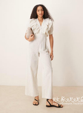 英国代购正品08.15 2025潮流导向 女装新款 荷叶边条纹长款连衣裤