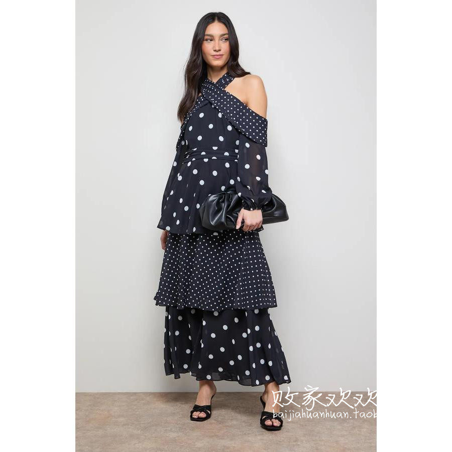 英国代购正品12.12 名品Boohoo 女装新款 设计露肩波点长款连衣裙