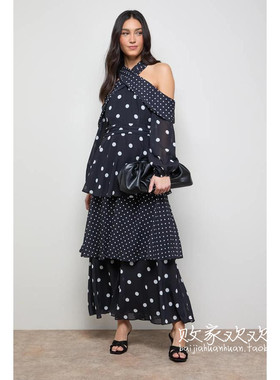 英国代购正品12.12 名品Boohoo 女装新款 设计露肩波点长款连衣裙
