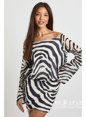 英国代购正品12.13 名品Boohoo 女装新款 时尚斑马纹迷人连衣裙