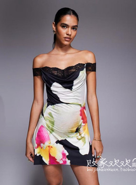 英国代购正品09.01 2025潮流导向 女装新款 一字肩印花迷人连衣裙